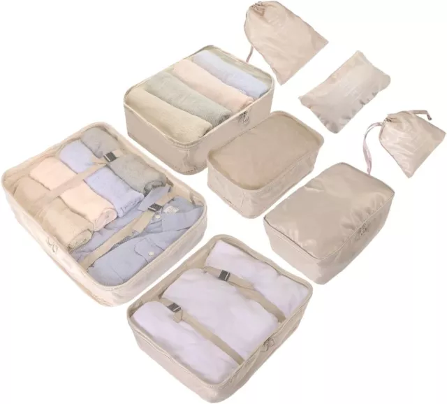 Travelfreund® 8er Set Koffer Organizer beige mit Kosmetiktasche und Packtaschen