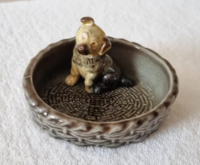 Wade Ceramic Puppy Dog In Basket Vintage Trinket Pin Dish Gift For Dog Lover