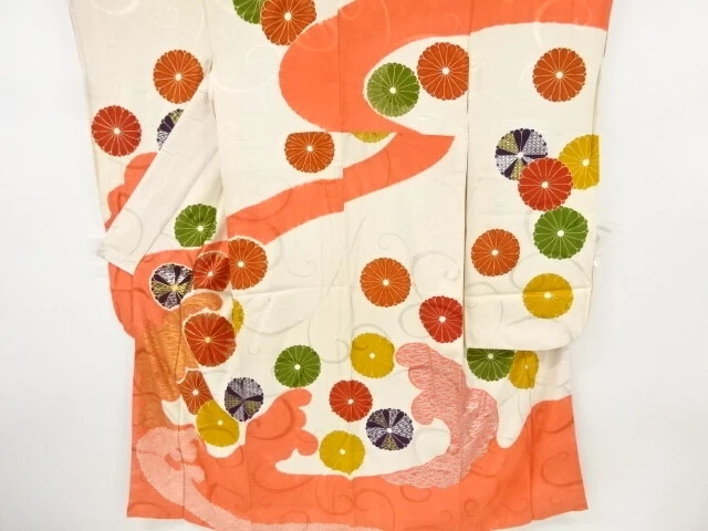 11354# Japanese Kimono / Antique Furisode / Shibori / Embroidery / Kiku