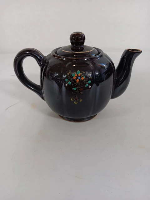 Vintage TEA POT Ceramic  Brown Hand-Painted  Made Japan With Lid Floral Design