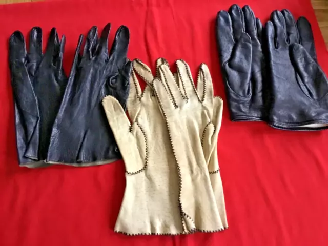 Vintage Three Pairs Of Ladies Leather Gloves.  ( One Black Pair Milore)