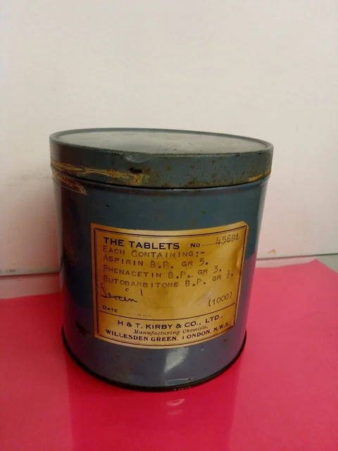 Cosprin VINTAGE METAL CHEMISTS Dispensing Tin with 1000 Tablets label Asprin ...