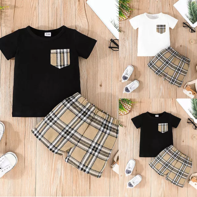 Baby Toddler Boy Outfit Check Short Sleeve T-shirt Top Shorts Set Summer Clothes