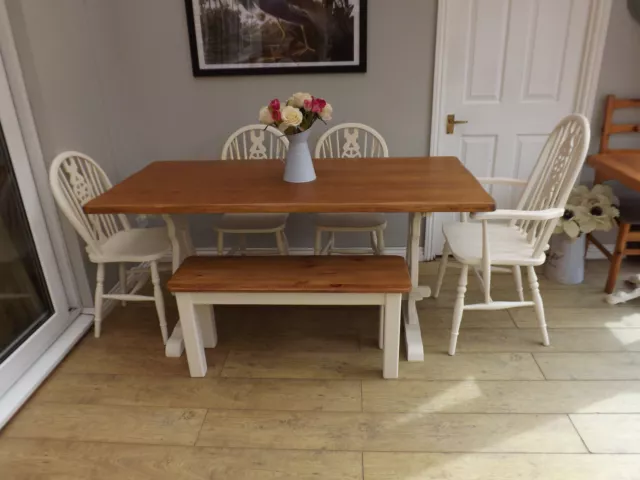 pine oak refectory farmhouse kitchen dining table and chairs painted cream