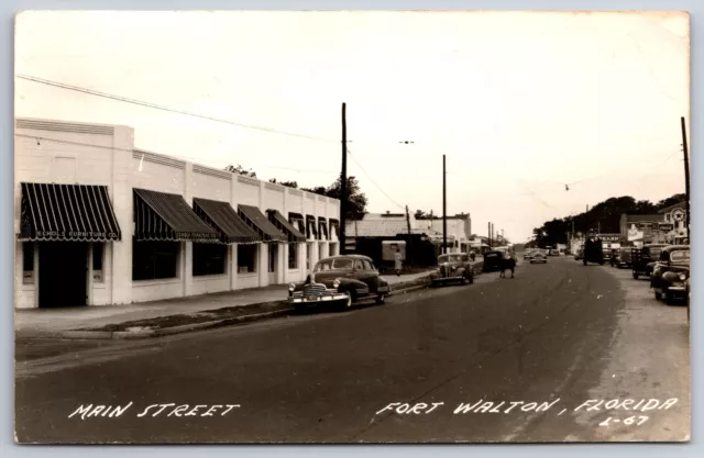Fort Walton~Main Street~Echols Furniture~c1946 Pontiac Torpedo~Gas Stations RPPC