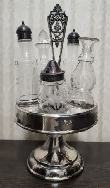 Vintage Rogers Bros Cruet Condiment Set Etched Glass Rotating Stand Six Piece