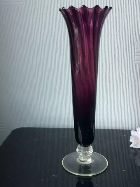 Vtg EMPOLI Glass Flowers Vase Aubergine Goblet Tall Décor Bud Vase w/Clear Stem