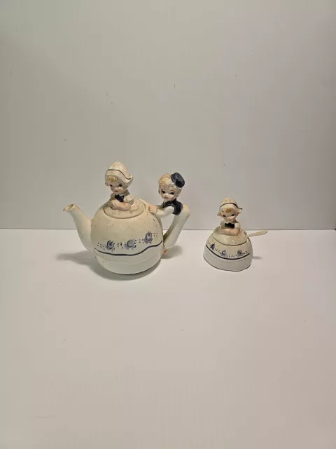 Vintage Enesco Dutch Girl & Boy Teapot W/Sugar And Creamer
