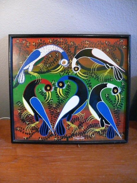 Vintage Tinga Tinga Tanzania East Africa Art Signed Yusufu Tingatinga 5 Birds