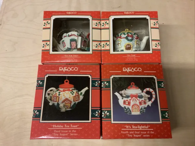 4 Vtg Enesco Tiny Teapot Series Christmas Ornaments Complete Set 1989-91 Nib