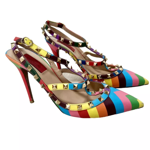 Valentino Garavani 1973 Rockstud Chevron Rainbow Heels Caged Stilettos Sz 40