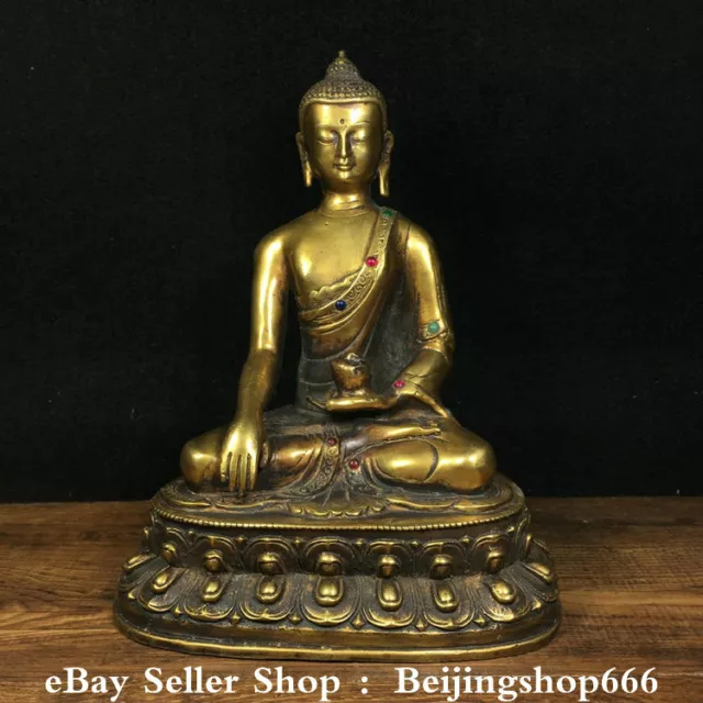 8.2" Old Chinese Bronze Gilt Inlay Gems Shakyamuni Amitabha Buddha Statue
