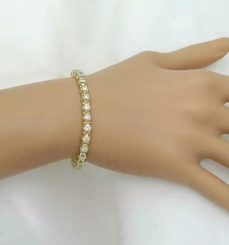 14K Yellow Gold Finish 10 Ct Round Real Moissanite Link Tennis Ladies Bracelet