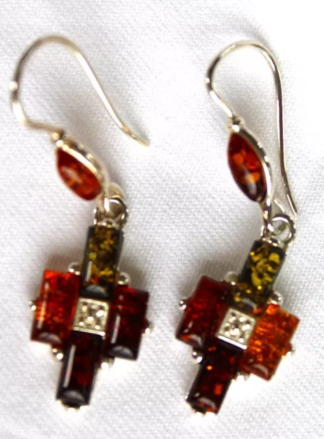 Solid 925 Sterling Silver earrings Genuine Multi color Baltic Amber -Cross