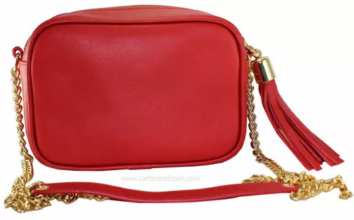 Bolso con bandolera de cadena en piel autentica color rojo