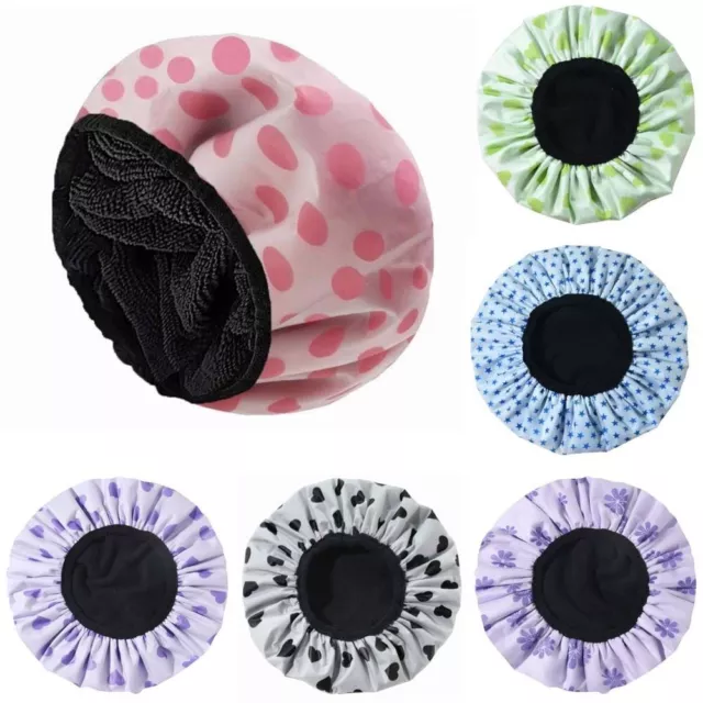 NEW Shower Cap Terry Cloth Lined EVA Exterior Reusable Triple Layer Waterproof#