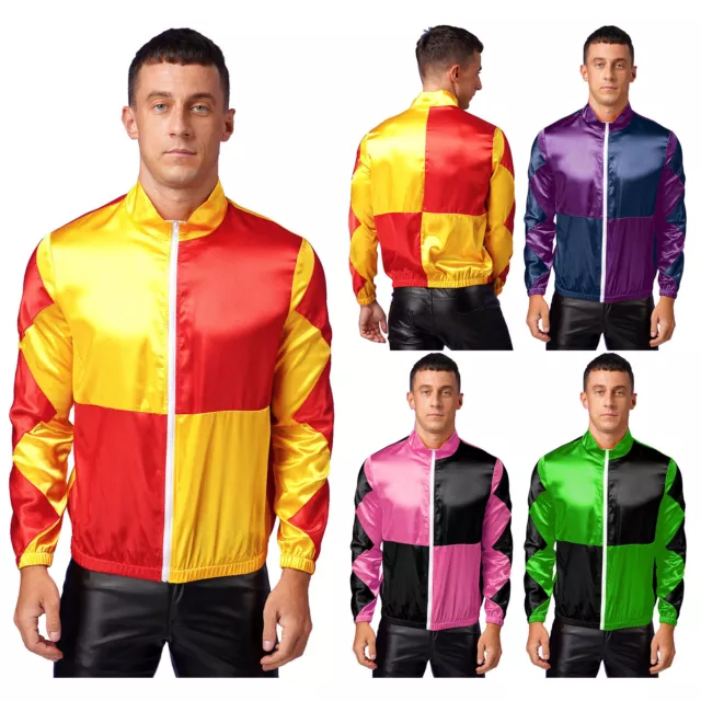 Men's Jockey Horse Satin Jackets Front Zipper Halloween Checkerboard Outerwear