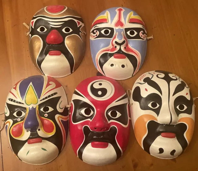 Lot of 5 Chinese Opera Mask Paper Mache Hand Painted