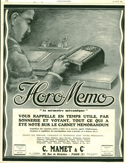 Publicité ancienne Horo-Memo mémoire mécanique 1927 issue de magazine