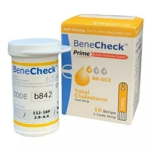 Tiras reactivas de colesterol BENECHECK Prime contienen 1 caja @ 10 tiras caducidad 05/2024