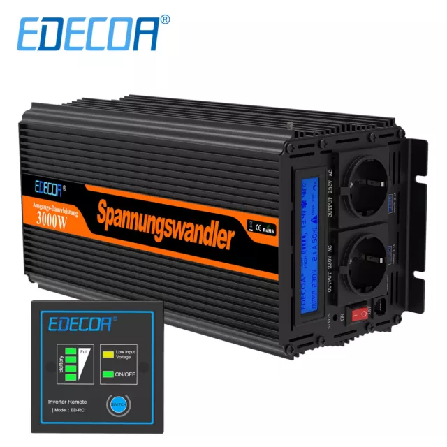 EDECOA 3000w Power Inverter 12V 220V Convertitore Telecomando LCD 2x USB