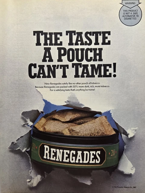 RENEGADE POUCH TOBACCO Dip Snuff 20 Pouches Print Ad 1987 $14.77