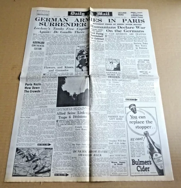 Reproduction Ww2 Daily Mail Newspaper  Aug / 26 / 1944  German Armies Surrender