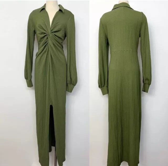 ASOS Green Knot Twist Front Long Sleeve High Split Maxi Dress Size 6/8