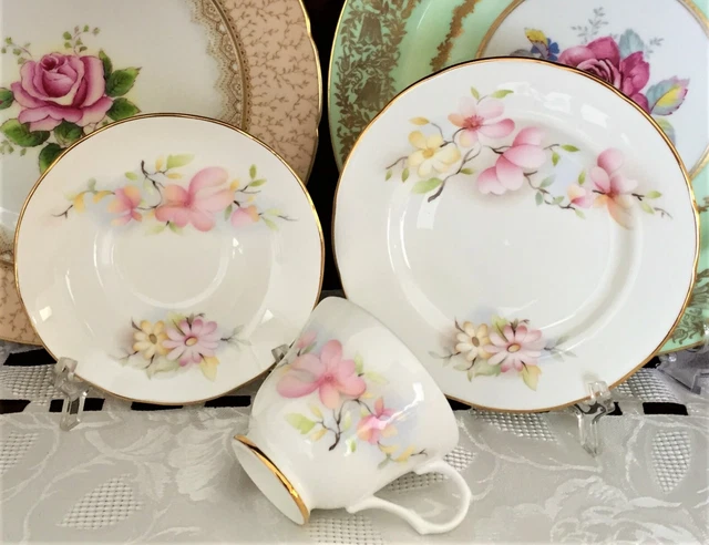Vintage Crown Trent Fine Bone China Staffordshire England Floral Trio C1960'S