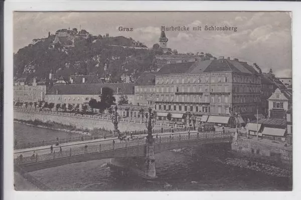 AK Graz, Murbrücke mit Schlossberg, 1918