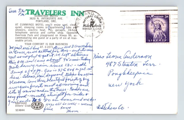 Postcard Oregon Portland OR Cumming Motel Travelers Inn 1962 Posted Chrome 2