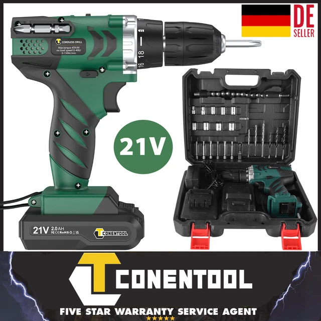 21V Akkuschrauber LED Bohrmaschine Set 45Nm mit Koffer & Ladegerät & 2 Akkus Neu