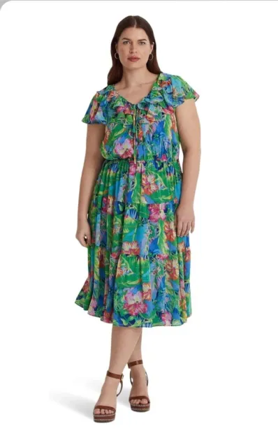 Ralph Lauren Women's Plus Size 18 W Floral Chiffon Tiered Ruffle Midi Dress New