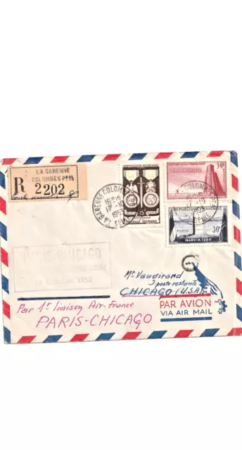 Enveloppe 1Ere Liaison Paris Chicago Par Air-France 19/10/1953