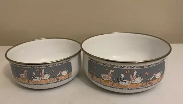 Vtg Pair Enamel Metal Country Goose Geese Mixing Bowl Retro  90S Kitchen Decor