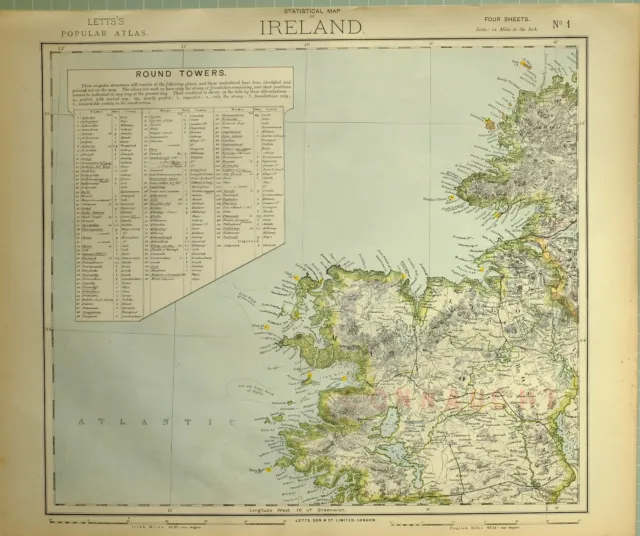 1881 Letts Map Ireland North West Round Towers Connaught Mayo Sligo