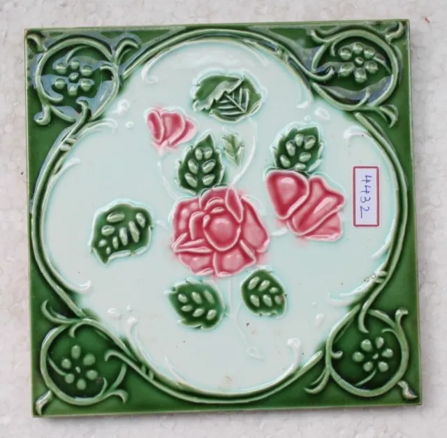 Vintage Tile Art Nouveau Majolica Pink Flower Design Architecture Tile Nh4432