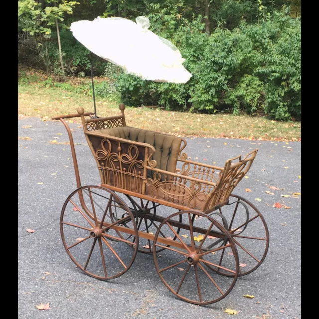 Antique Victorian Wicker Baby Carriage signed THE HEYWOOD pram buggy stroller