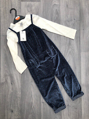 New TU Girls Outfit 3-4 Years Baby Blue Velvet Dungarees & Blouse 2 Piece Party