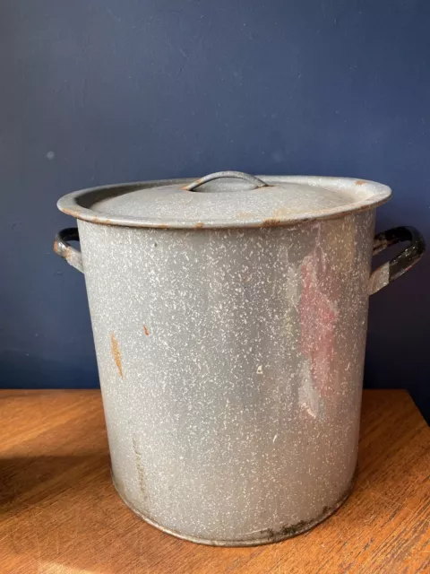 Vintage French Enamel Mottled Grey Lidded Stock Pot Bread Bin Planter Display