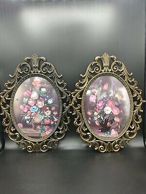 Vtg Victorian Oval Convex Bubble Glass Brass Filigree Pictures Made Italy 1 Pair