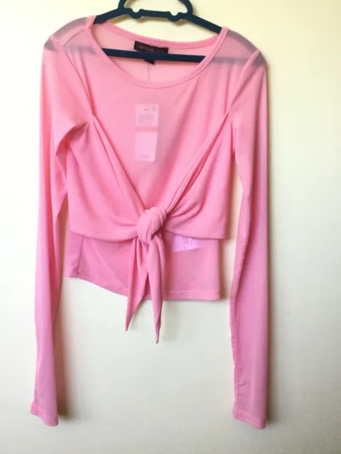 Material Girl Womens Juniors Sheer Tie Front Crop Top Sz XS Fuschia Pink A1