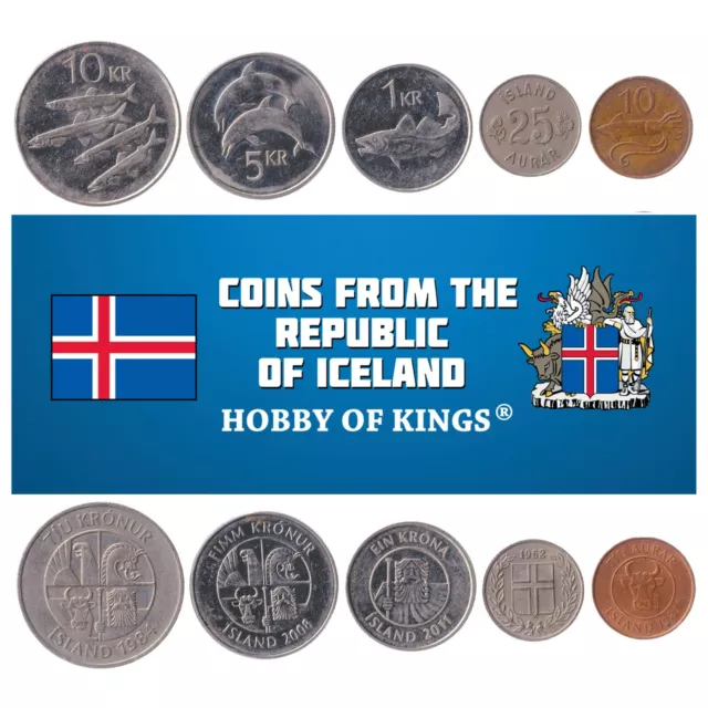 5 Icelandic Coins | Aurar Kronur | Capelin Skate Squid Shrimp Codfish Dolphins