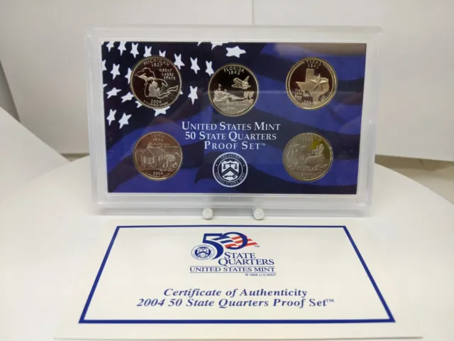 2004-S 50 State Quarters Proof Set WITH BOX & COA US Mint -MI, FL, TX, IA, WI