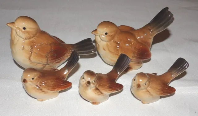 Lot of 5 Vintage Glazed Porcelain Ceramic BIRDS Brown FIGURES Family of Birds