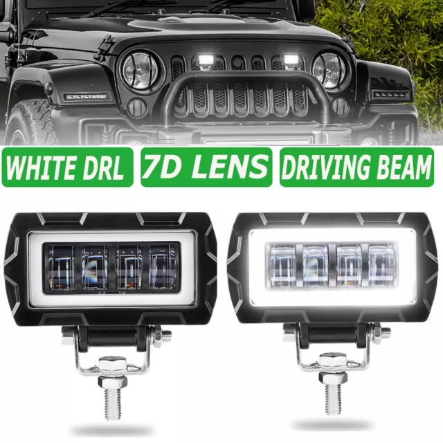 2x 4inch LED Work Lights Driving Fog Lamp Offroad 4x4 Reverse White DRL 7D Lens