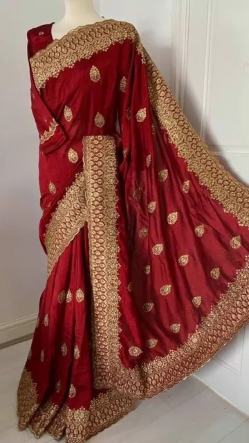 Latest Indian Asian Bridal Party Saree/Sari+ Long Sleeve Blouse Maroon