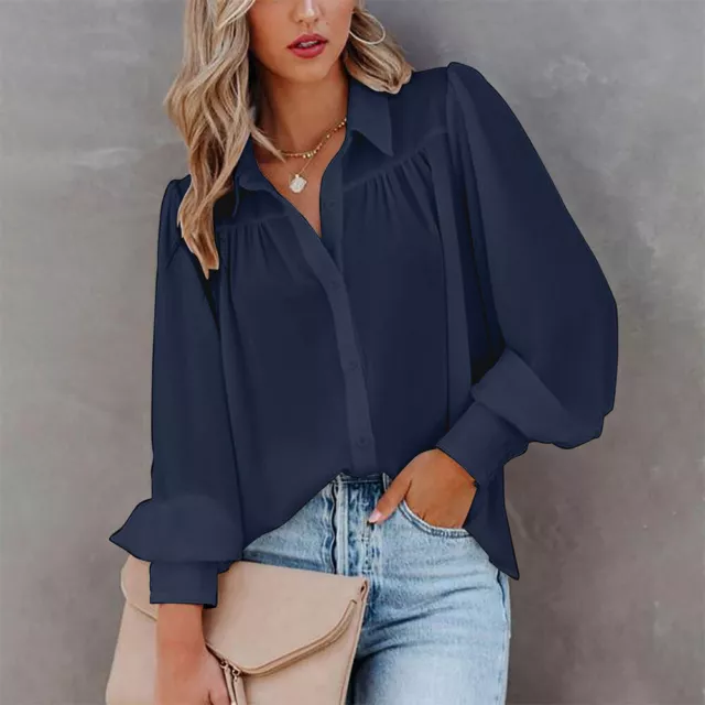 Casual Womens Buttons Loose T-Shirt Tops Chiffon Work OL Long Sleeve Blouse Tee