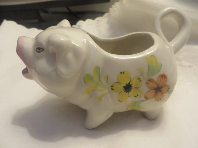Vintage Pig Creamer Pitcher - Floral Design 6" x 3" Curly Tail