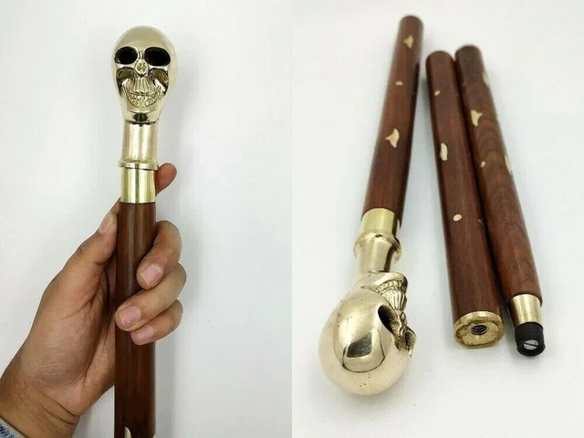 Brass Skull Cane Head Handle Wooden Walking cane-Walking Stick-Cane 3 Part Open